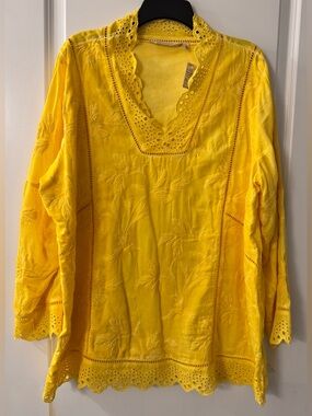 #z181 Soft Surroundings Sunny Yellow Elodie Windowpane Embroidered Tunic Blouse